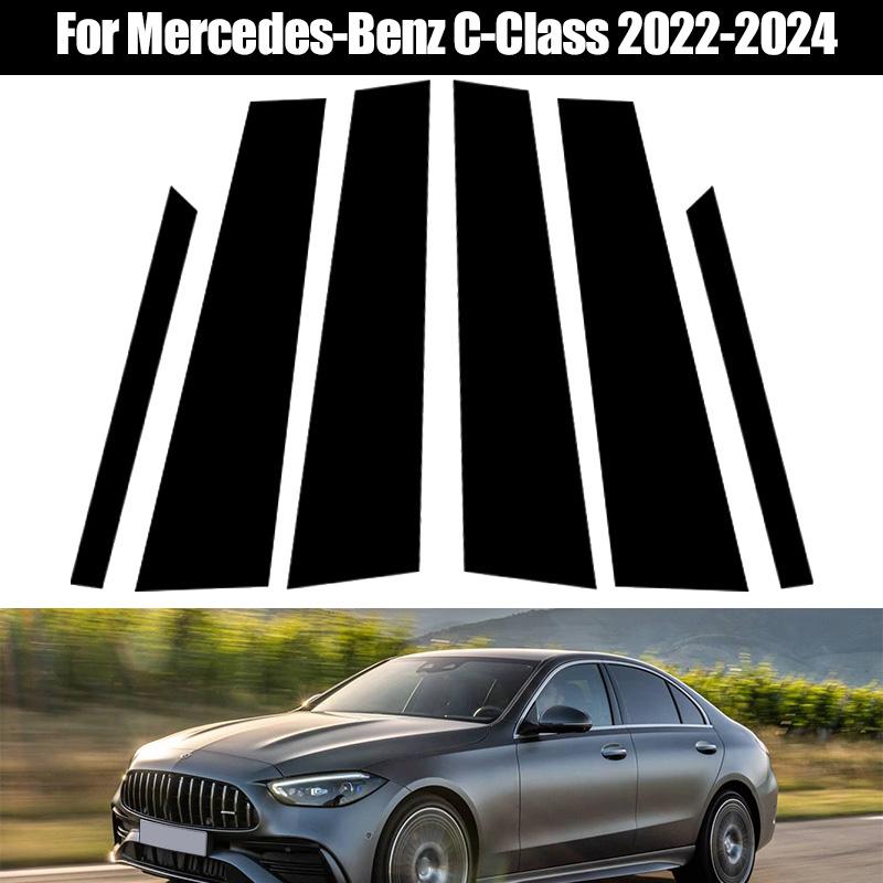 6pcs/set Glossy Black Car Pillar Posts Door Window B C Column Trim Stickers Exterior Parts For Mercedes-Benz C-Class 2022 2023 2024