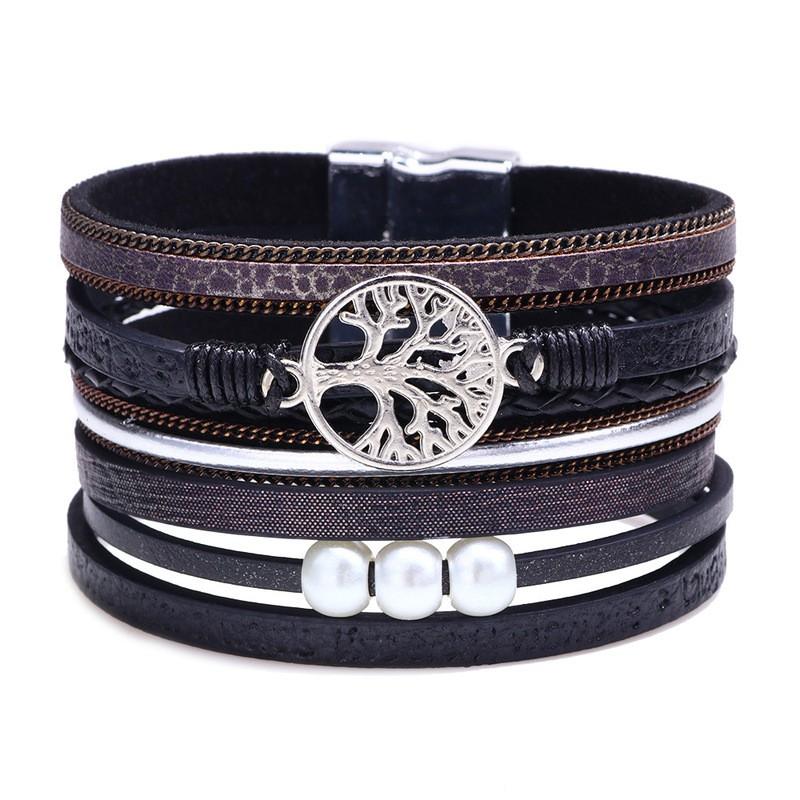 Womens Fashion Tree Of Life Hollow Chain Bracelet With Pearl Charm Magnetic Clasp Leather