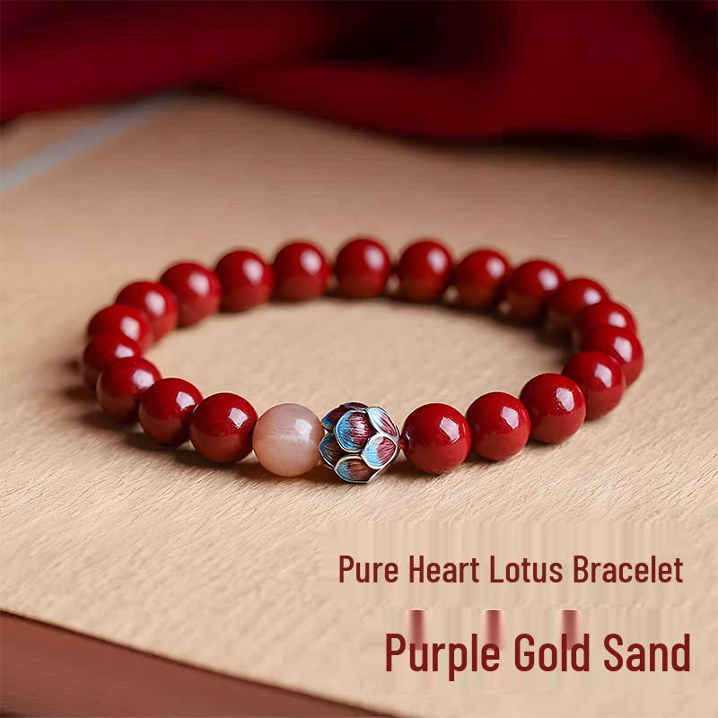 Натуральный необработанный киноварь браслет «Лотос, очищающий разум» в фиолетовых, золотых и красных тонах