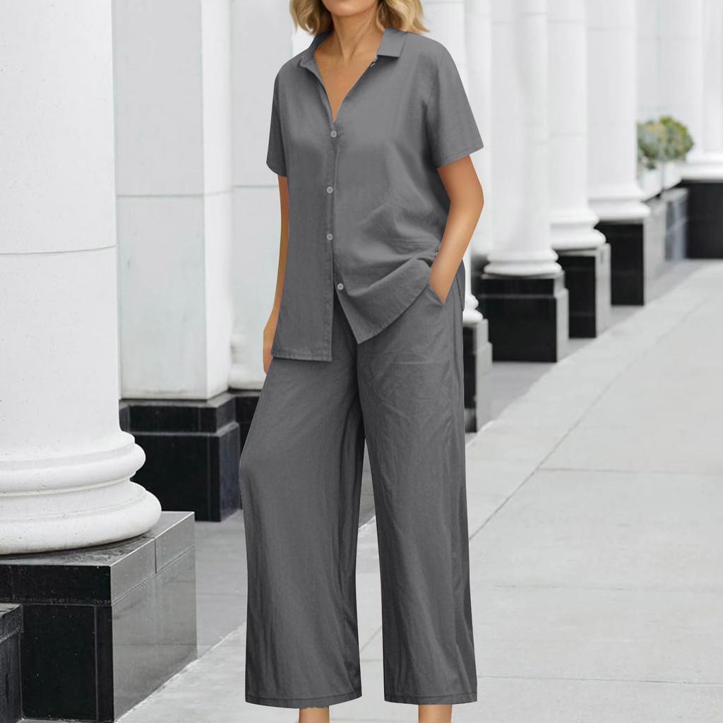 Льняные комплекты для женщин: рубашка с коротким рукавом и широкие брюки, свободный крой, элегантный комплект из хлопка и льна.