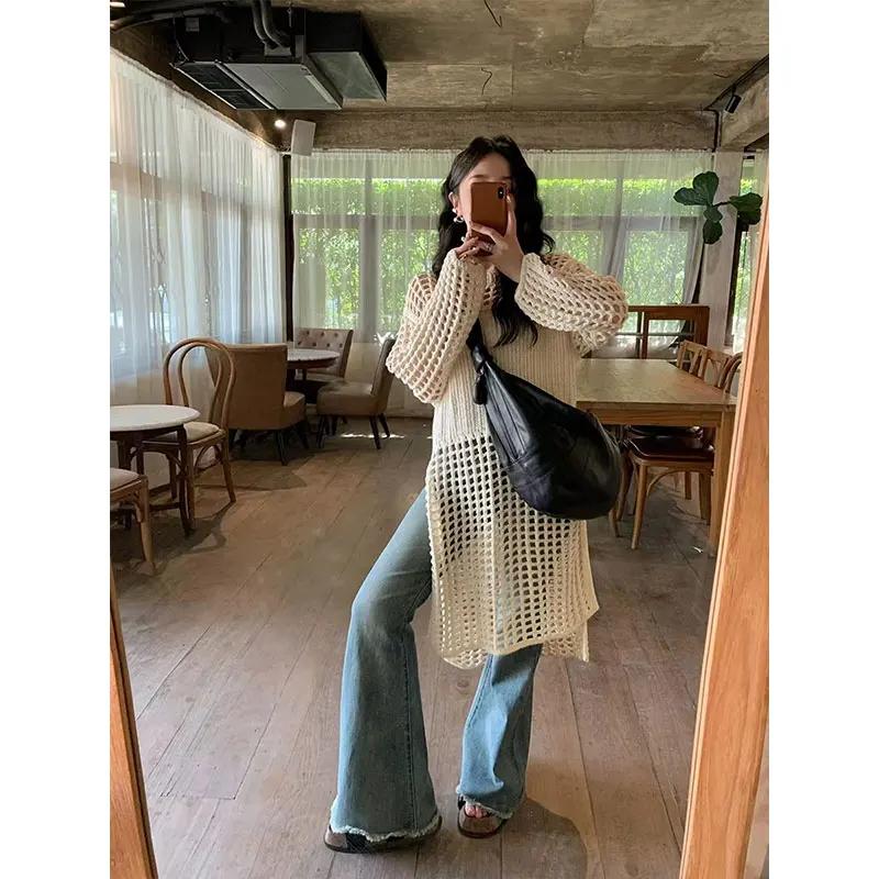 Летние платья-халатки осенние женские вязаные свитера платье женские ажурные сетчатые пуловеры прозрачные свободные топы с длинным рукавом