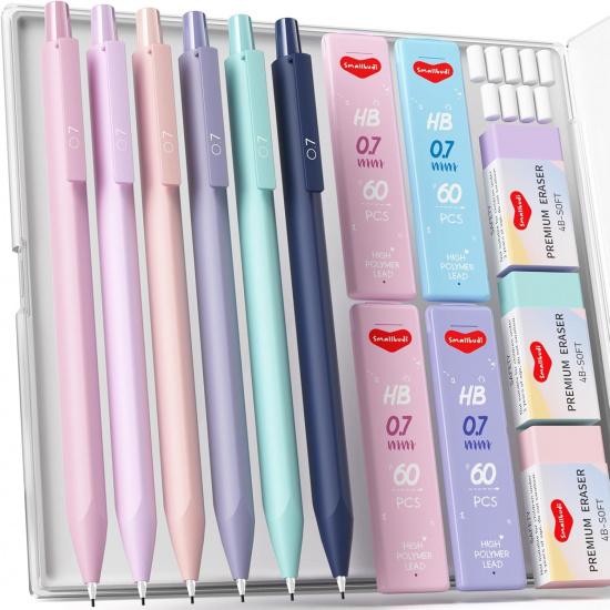 6PCS 0.7mm Mechanical Pencils Set with Case, Cute Pastel Mechanical Pencil with 240PCS HB Lead Refills, 3 Erasers, Aesthetic Back to School Supplies
