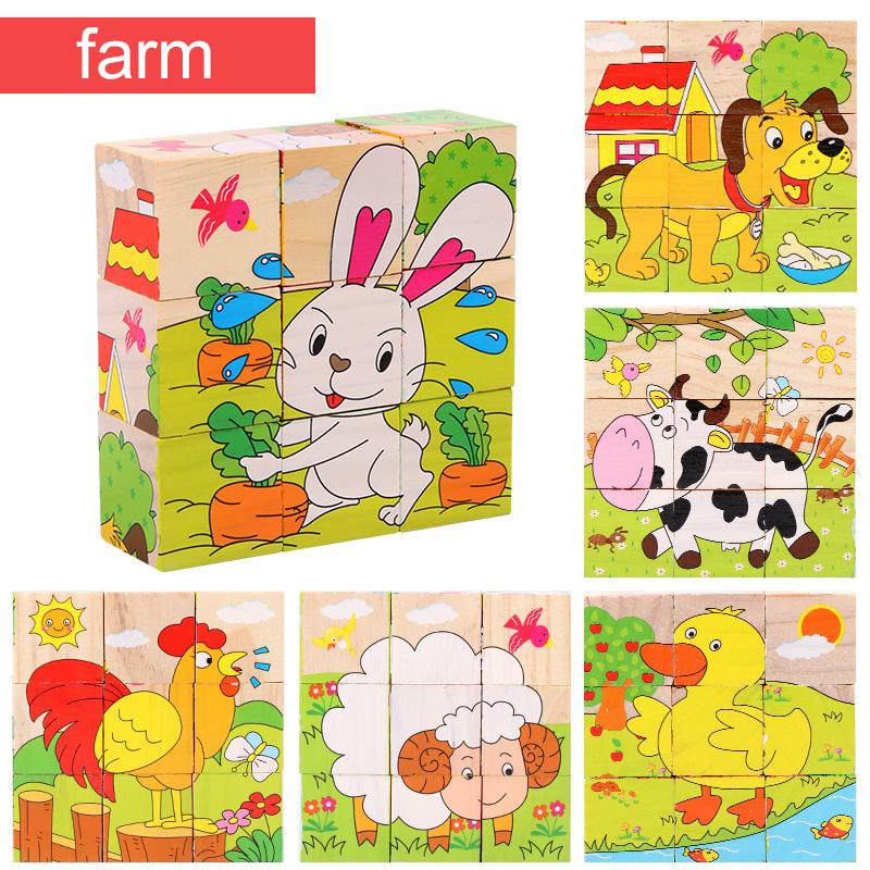 Деревянный пазл Шесть сторон раскрашены Трехмерный Пазл Транспорт Животные Строительные блоки Монтессори Игрушки для раннего развития TMZ