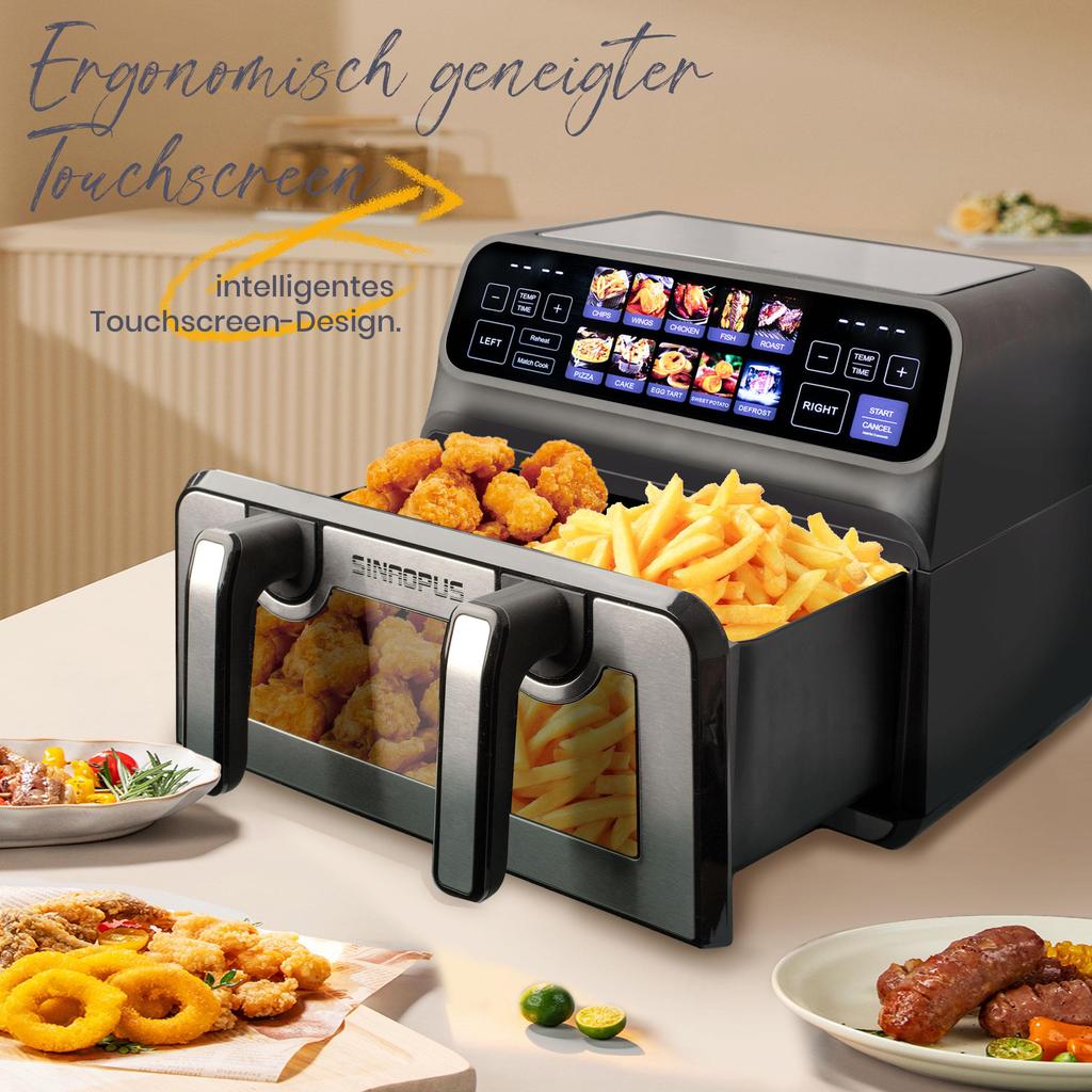 9L Dual Chamber Air Fryer, 2200W Powerful, Viewing Window, Color Led Display, Single and Double Baskets Adjustable