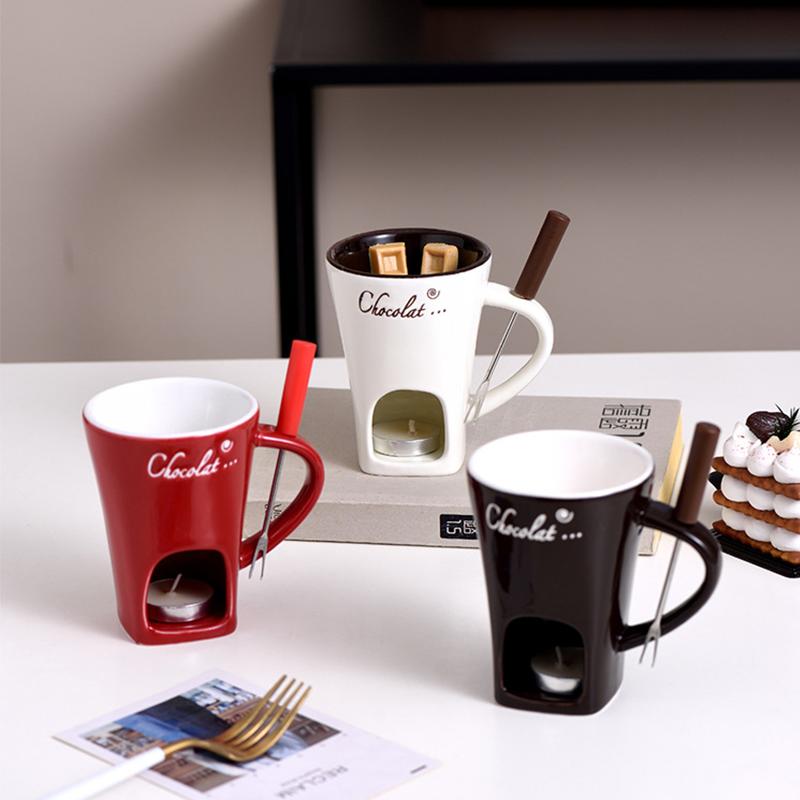 Creative Chocolate Mugs with Forks, Candle Mugs, Coffee Cup, Heatable Ceramic Cups, Cheese Melting Utensils,