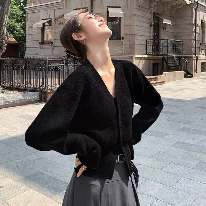 V-neck Sweater Cardigan Outerwear Women Short Spring High-end Waistband Chic Top V Neck Long Sleeve Knitted Cardigan Female