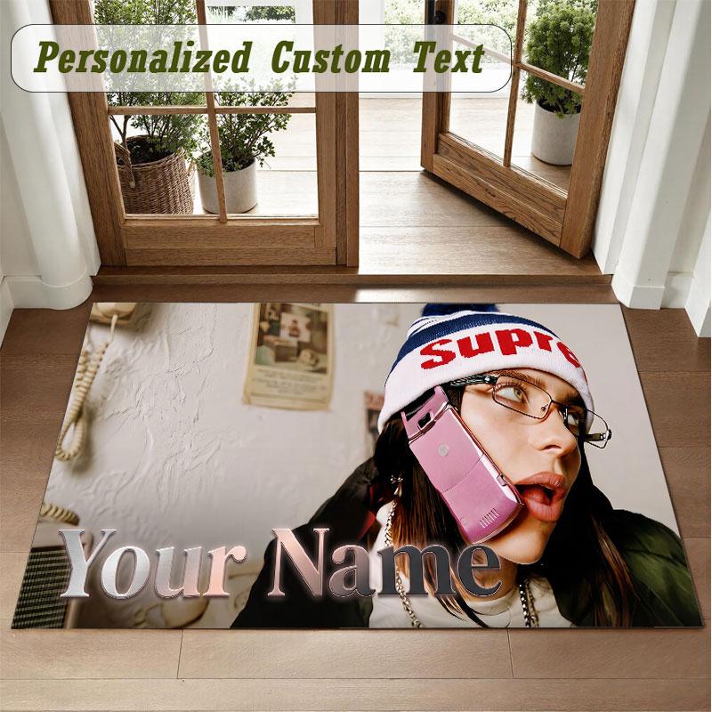Crystal Velvet Square Rug Custom NameBillie Eilish Pattern Non Slip Home Floor Decor Rug