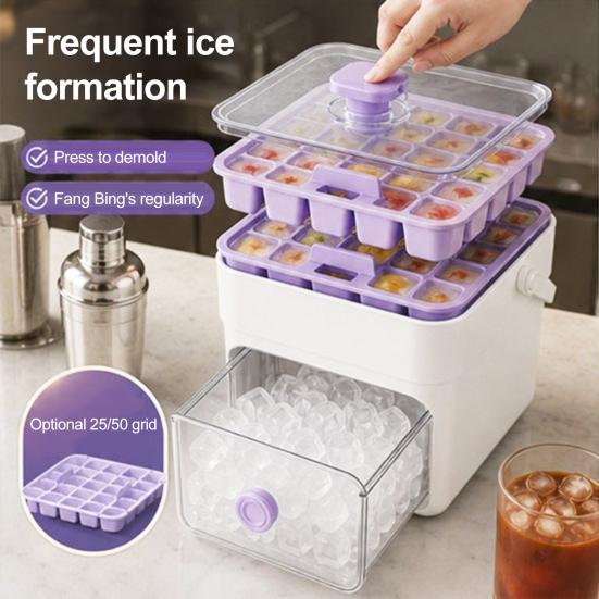2-In-1 Ice Tray, Ice Maker And Storage Bin Set, Large Capacity 25-Cell Ice Tray, One-Click Easy Release Ice Cube Maker, for Camping And Outdoor Use