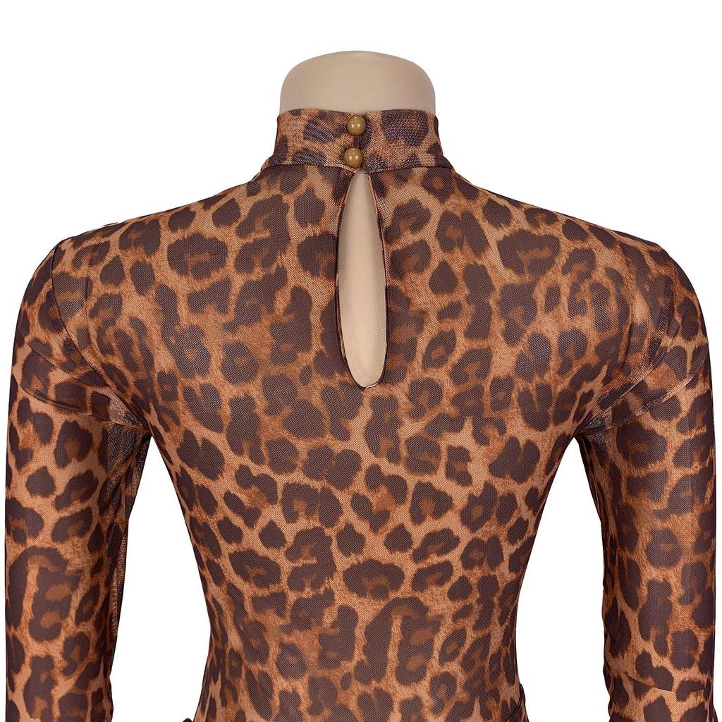 Women's Sexy Leopard Print Long Sleeve Split Dress