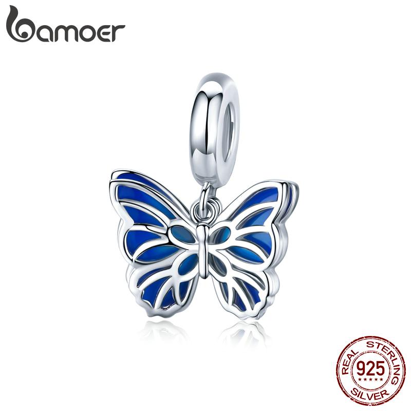 BAMOER Authentic 925 Sterling Silver Butterfly Dangle Charms Blue Enamel Beads Fit Original Bracelet