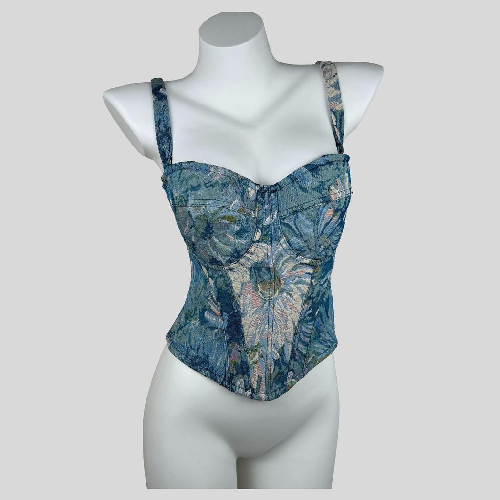 Women's Vintage Floral Boned Corset Top, Push Up Bustier Spaghetti Strap Crop Top For Waist Cinching & Layering