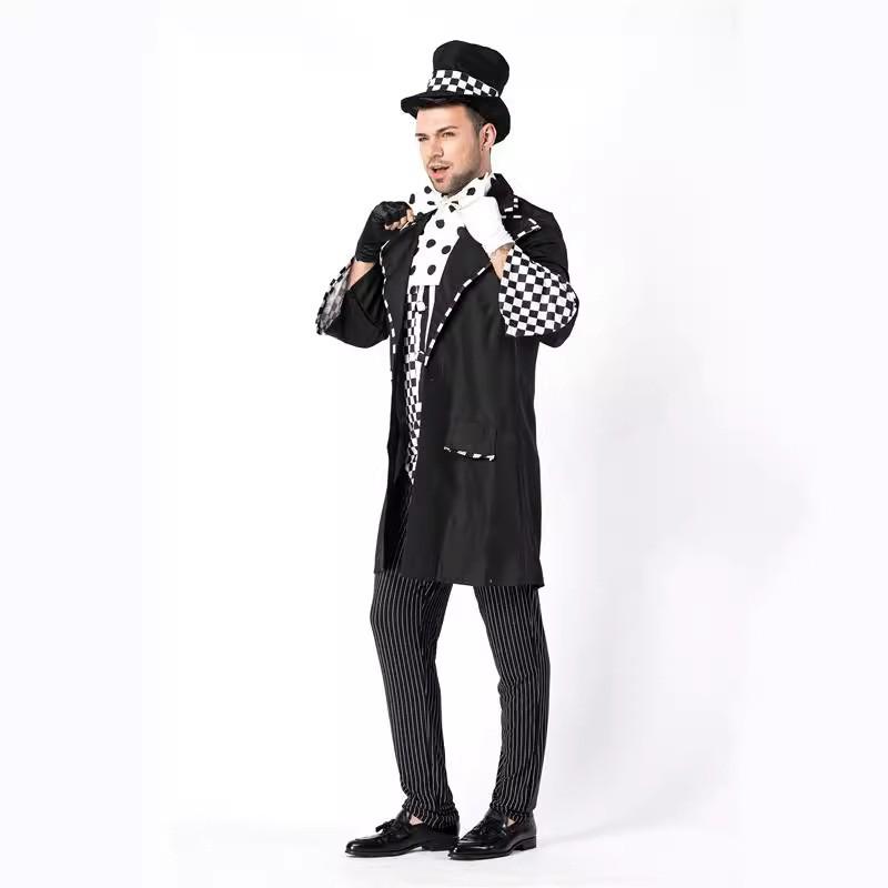Mens Alice In Wonderland Cosplay Costume Mad Hatter Black White Checkered Fancy Dress Outfit Halloween Party Stage Performance