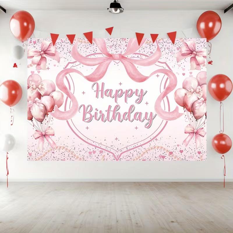 2D Pink Bow Happy Birthday Backdrop for Baby Shower Girl Birthday Party Decoration