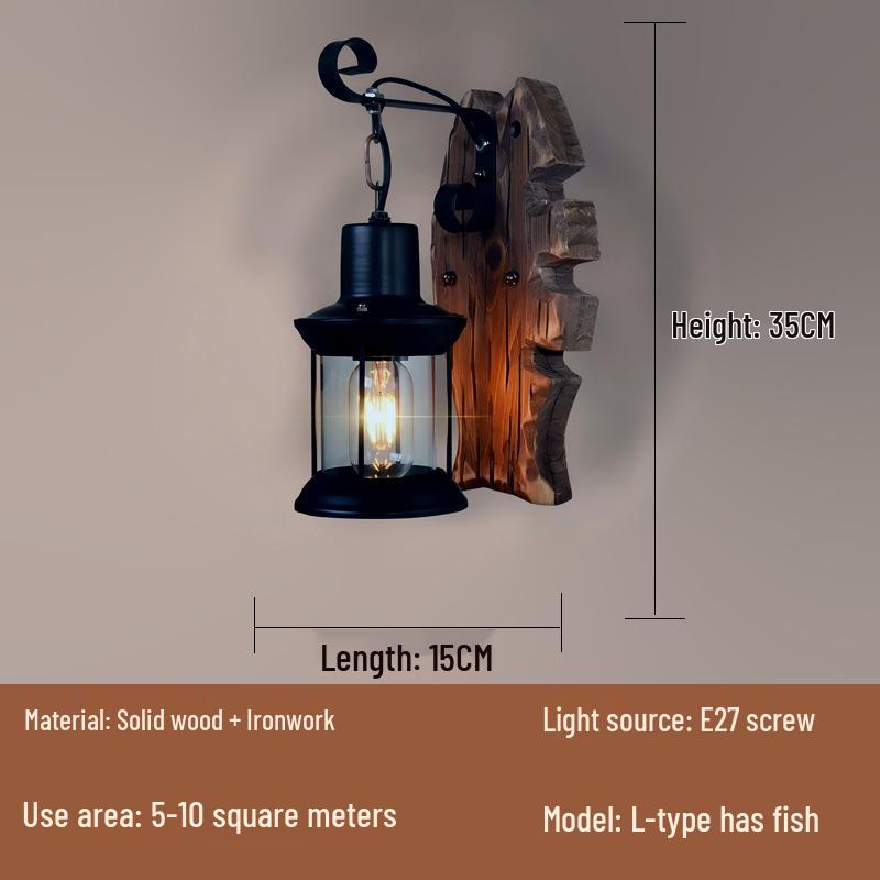 American Retro Industrial Wall Lamp - Antique Solid Wood Lantern for Restaurant and Corridor Decor