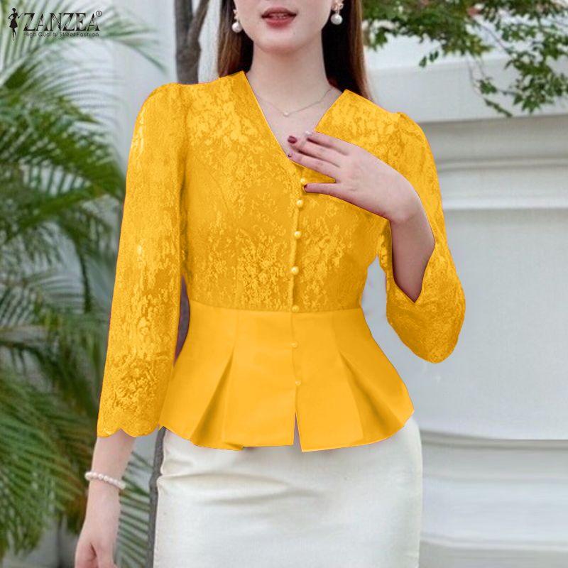 ZANZEA Женская повседневная блузка с V-образным вырезом, рукавом 3/4 и кружевной вставкой, приталенного силуэта