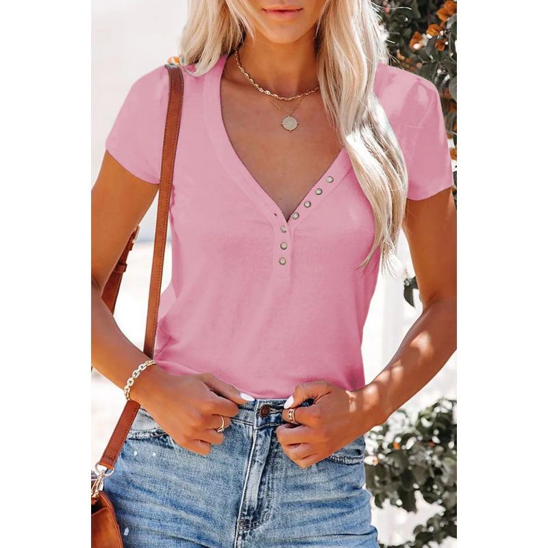 2025 Spring and Summer New European and American Clothing Sexy V-neck Top T-blood Short-sleeved Women