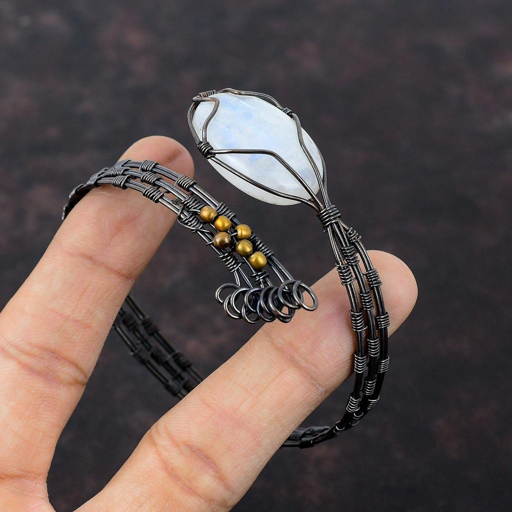 Радужный лунный камень медный браслет-манжета, медная проволочная обертка, ювелирные изделия ручной работы, регулируемый браслет-манжета, проволочная обертка, драгоценный камень, браслет-манжета, подарок для нее