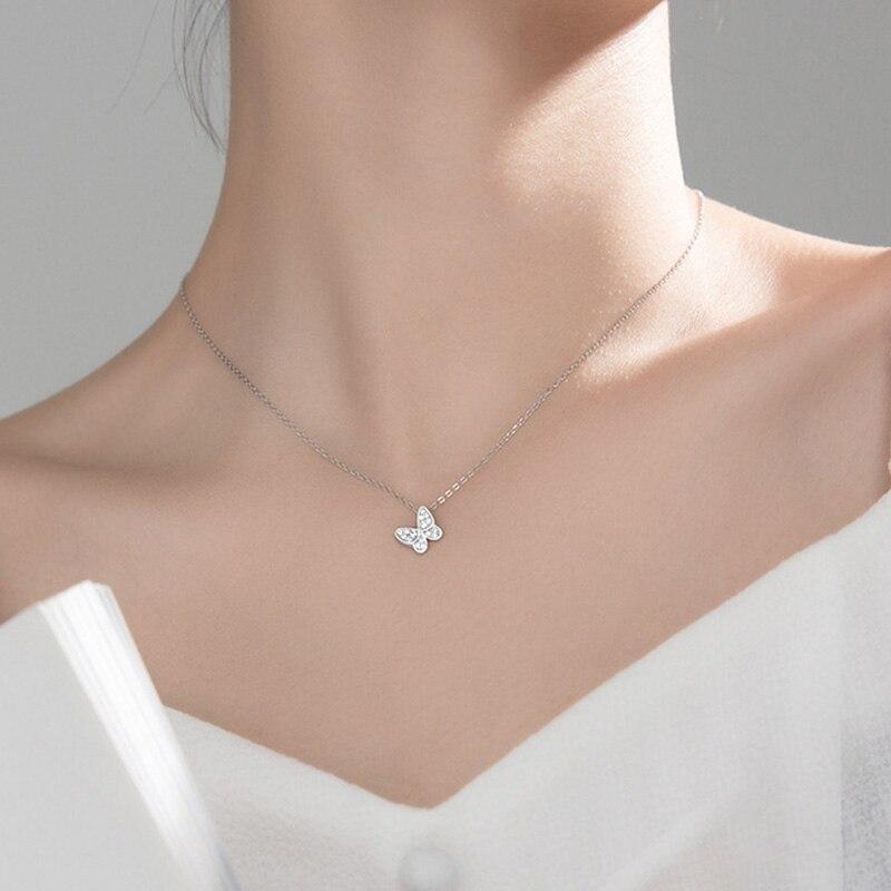Real 925 Sterling Silver Fashion Sweet Insect Butterfly CZ Pendant Necklace For Women Wedding Fine Jewelry DA2006