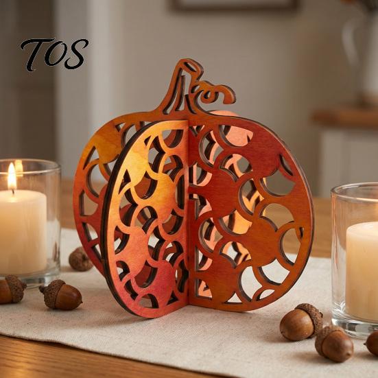 Pastoral Style Autumn Accents Thanksgiving Wooden Pumpkin Decor, Vintage Striped Hollow Carved Ornament Waterproof Decor for Home Party, Rustic