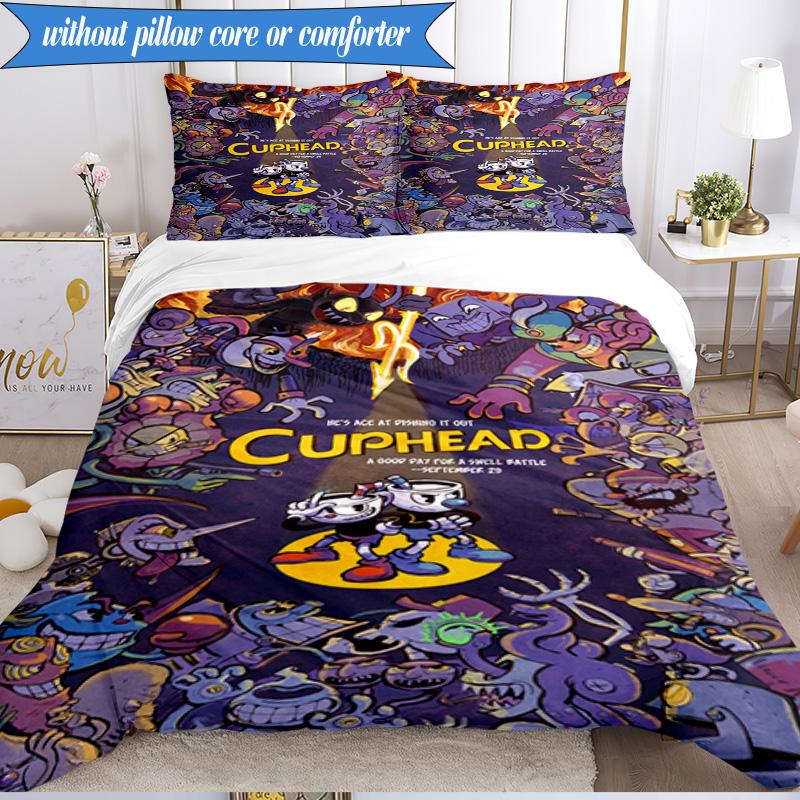 Adventure In The Cup-head 3pcs K-pop music group Bedding set,Ideal for Bedroom, Dormitory,Including Duvet Cover And 2pcs Pillowcases,Fan gifts