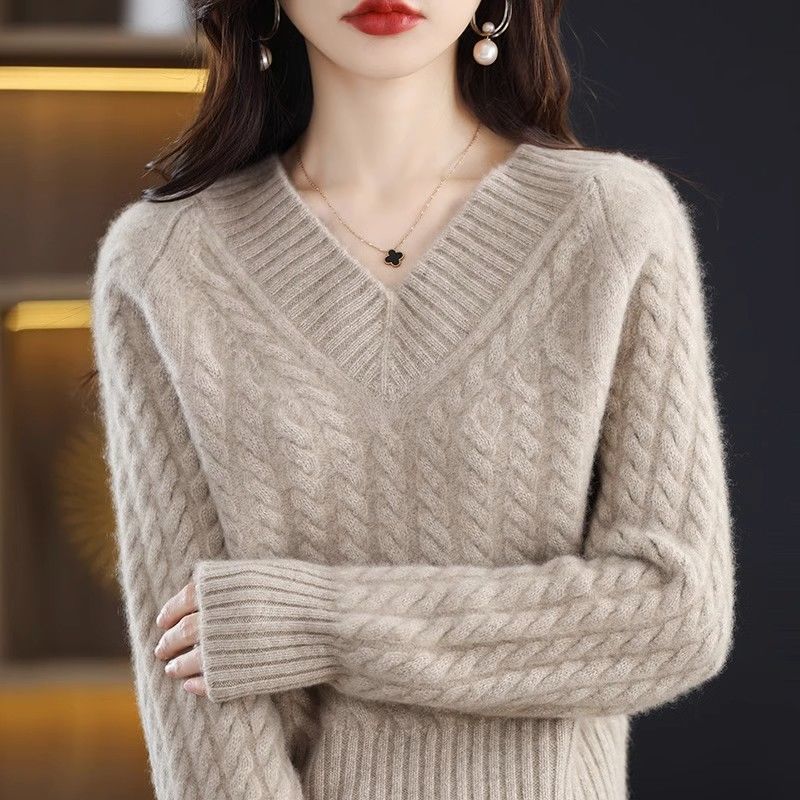Пуловер на осень и зиму, женский трикотаж с v-образным вырезом, витой цветок, свободный вязаный однотонный короткий пуловер с длинными рукавами, женский свитер