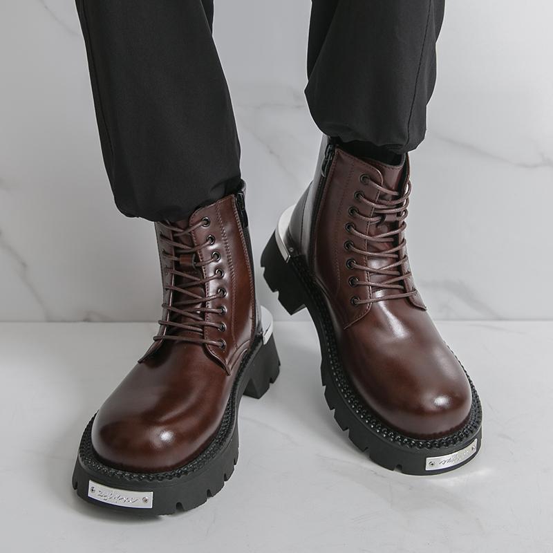 Men’s Retro Punk Thick Sole Platform Boots Cool Elevator Boots Black Brown Motorcycle Boots High Boots Plus Size