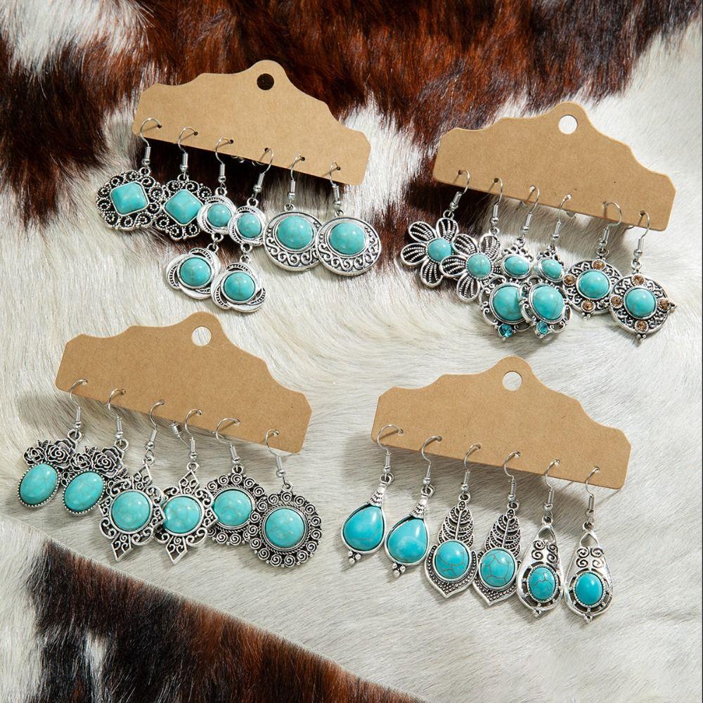 3 пары резных висячих серег серебристого цвета, серьги-капли, простой набор серег с бирюзой, для девушки