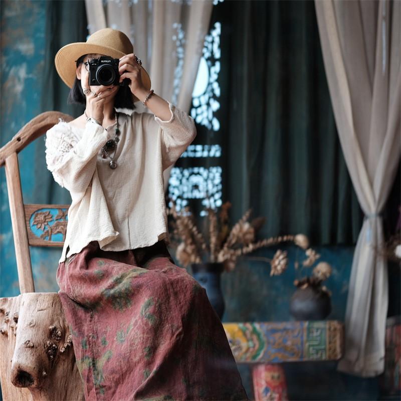 Johnature Осенняя женская льняная юбка с эластичным поясом, модная винтажная юбка в китайском стиле с принтом в стиле ретро