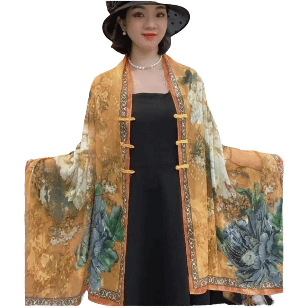 Retro Style Lady Silk Scarf Sunscreen Tudung Scarf Trendy Buckle Printed Shawl Summer