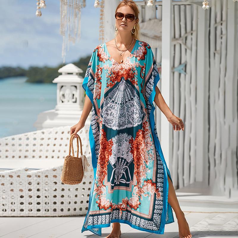 Plus Size Boho Cover Up, Women's Plus Painting Print Bat Sleeve V Neck Split Hem Maxi Cover Up Dress