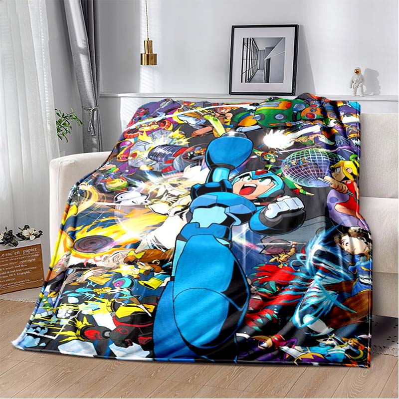 Mega Man Anime Print Flannel Throw Blanket Soft Warm Bed Cover for Kids Bedroom Sofa Home Decor Gift