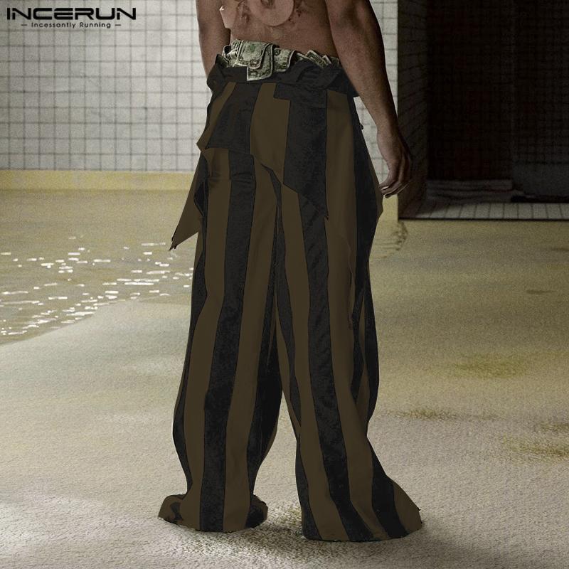 INCERUN Мужские повседневные свободные длинные брюки с застежкой-молнией и полосатыми брюками