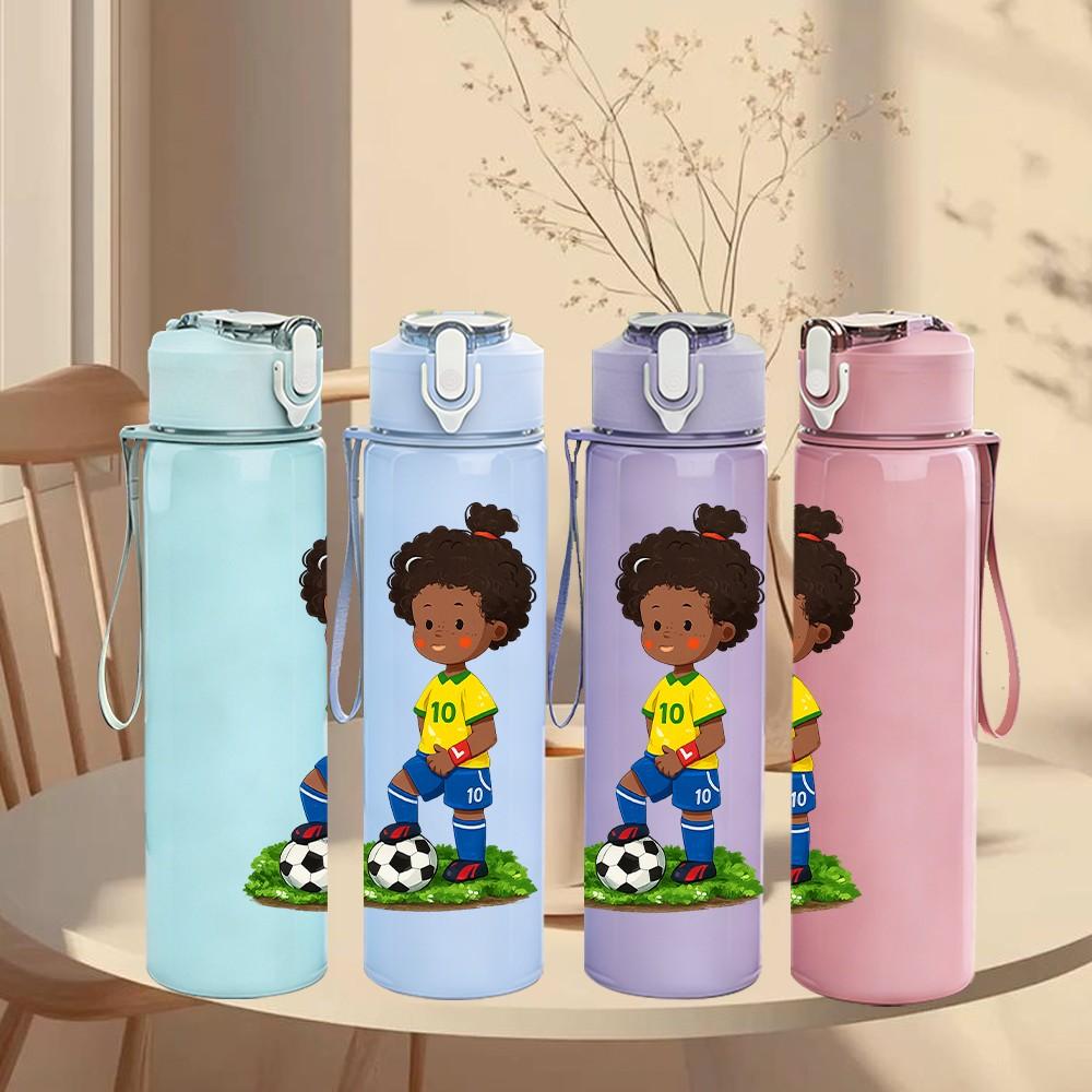 1PC Little Black Boy Play Soccer Print 750ml Color Plastic Sports Water Bottle Leakproof Flip Straw Lid Suitable for Sports Office Home Use
