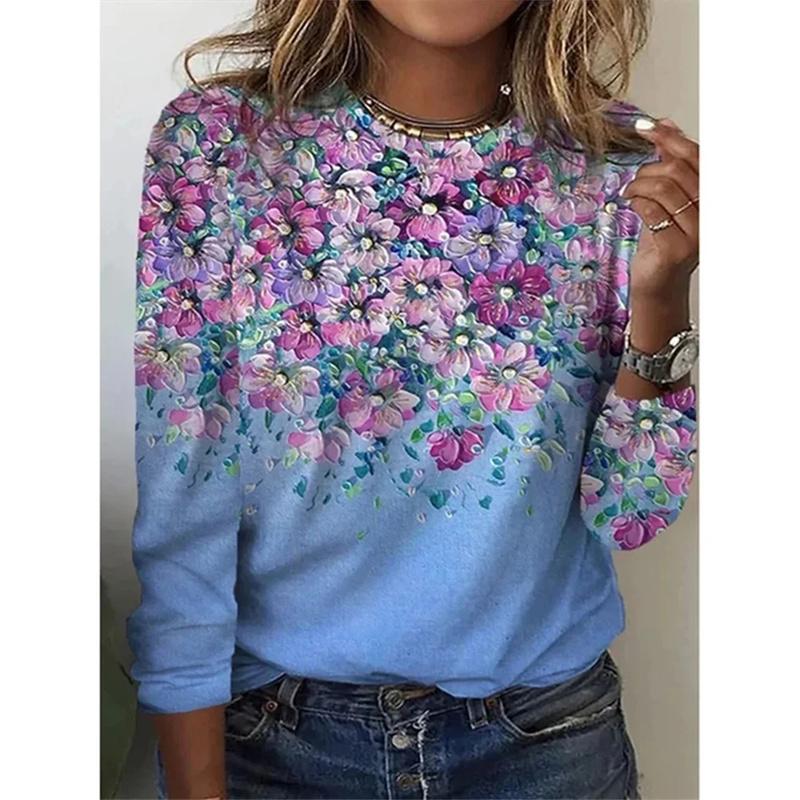 Spring and Autumn Round Neck Colorful Flower Pattern 3D Printed Top Fashionable Casual Long Sleeved Women's T-shirts