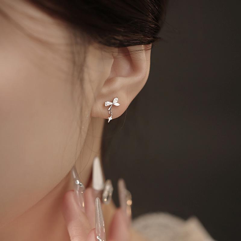 S925 Silver Plated Earrings, Girly Bow Earrings, Sparkling Diamond Four-pointed Star Butterfly Earrings, Temperament Cross Star Earrings, Korea