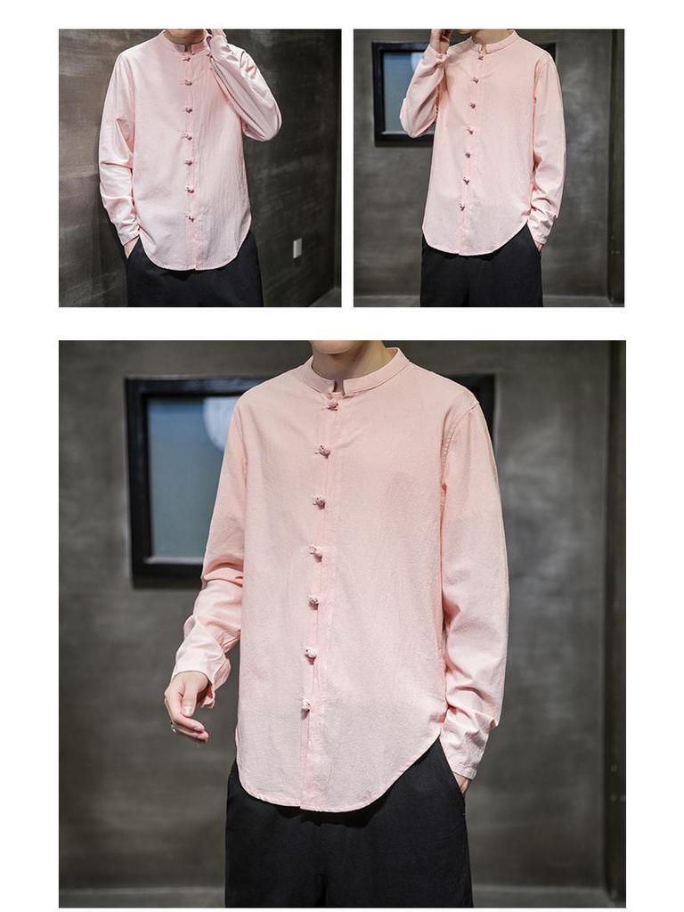 Мужская повседневная рубашка из хлопка и льна в китайском стиле 2023 года — большой размер, однотонная, на пуговицах, коллекция весна/лето