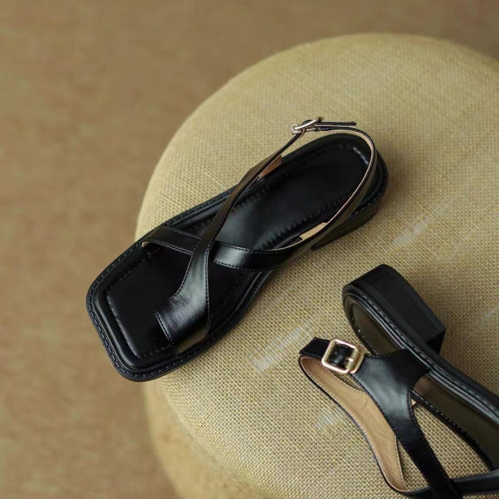 Модные женские сандалии Французские ретро сандалии Женские плоские римские сандалии с пляжным низким каблуком Широкий каблук Женские сандалии De Mujer