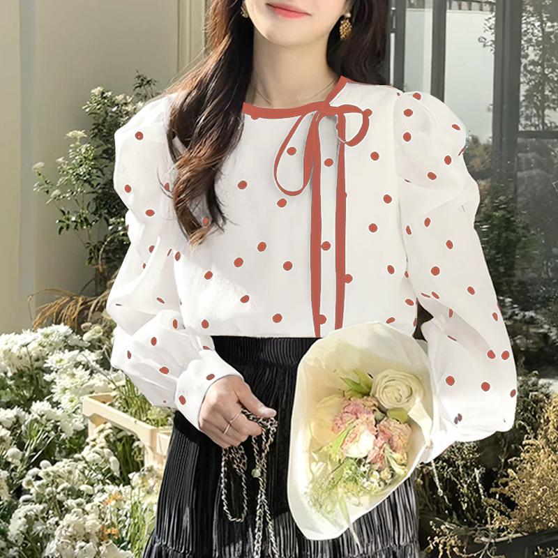 VONDA Женские осенние блузки с круглым вырезом и длинным рукавом в горошек на шнуровке