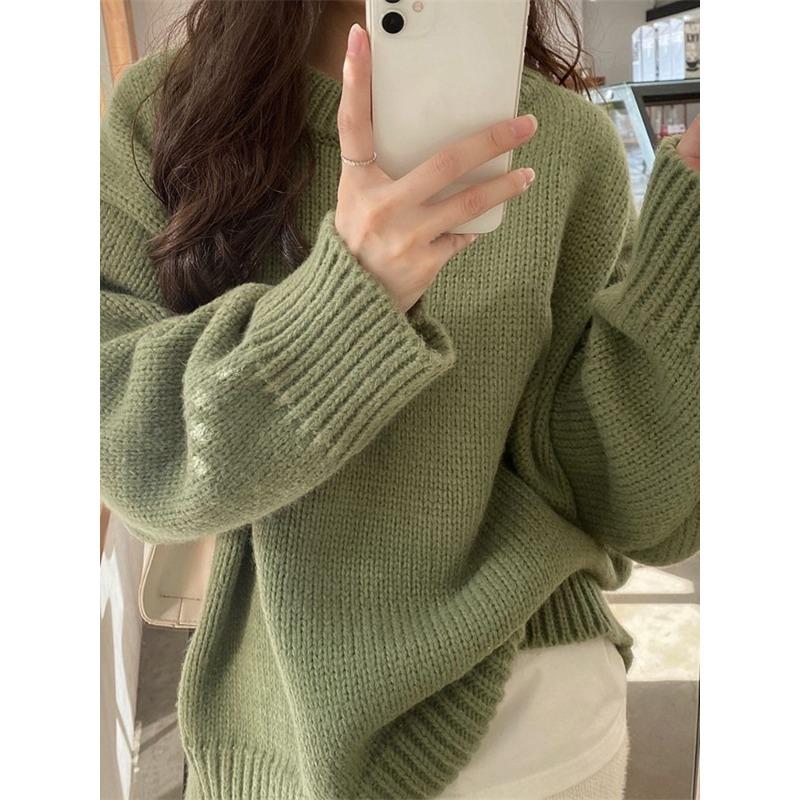 Зеленые свитера в стиле преппи, женские винтажные трикотажные пуловеры с длинным рукавом, женские повседневные свободные однотонные свитера с круглым вырезом