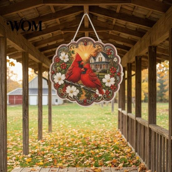 Easy Diamond Painting Set Cardinals & Sunrise DIY Craft Kit, Acrylic Diamonds Hanging Decoration with Kit Pre-Printed Pattern Colorful Beads Pink Pen