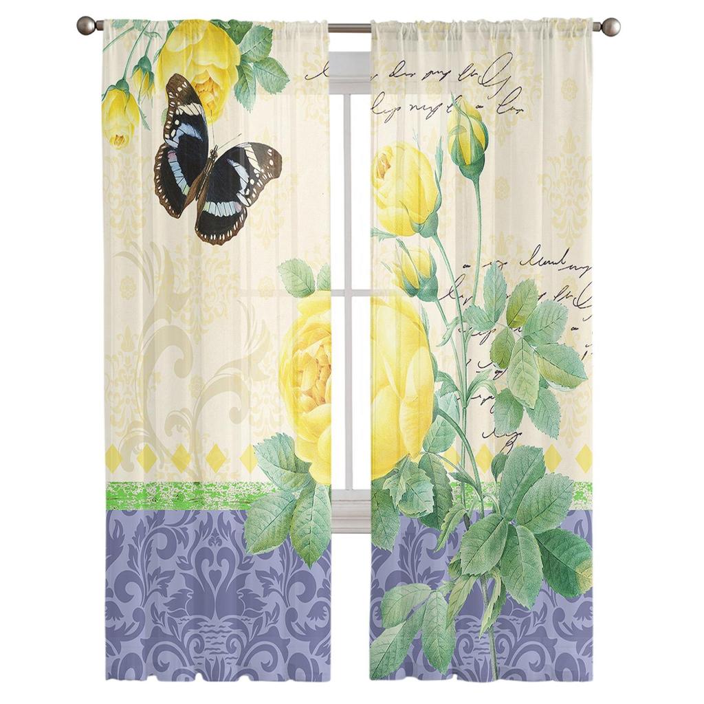 Antique Plant Flower Butterfly Chiffon Sheer Curtains For Living Room Bedroom Decoration Window Tulle Curtains Drapes