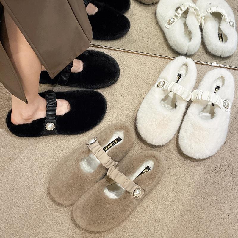 Fashion Half Tuo Mao Shoes for Women's Outwear 2024 Autumn/Winter New Baotou Lazy Home Warm Cotton Slippers