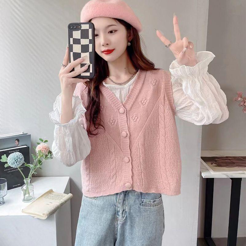 Women's Autumn and Winter Sleeveless Cardigan Fashionable Twist Stitch V-Neck Short Knitted Vest Versatile Sweater Gilet