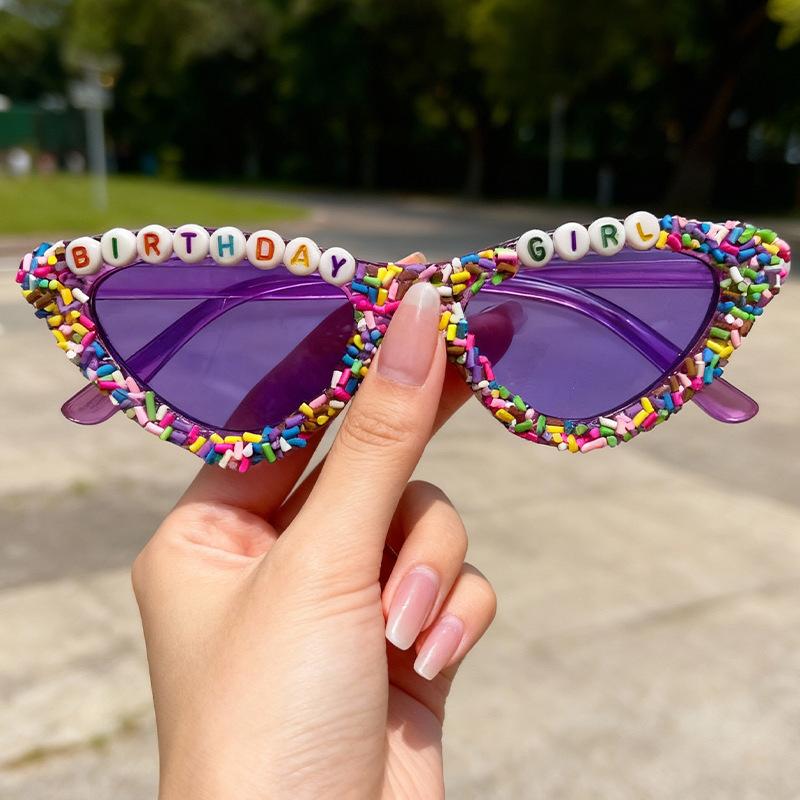 2026 Birthday Girl Sunglasses Cat Eye Frame Candy Sprinkle Embellished UV Blocking Party Sun Glasses Eyewear KJ220