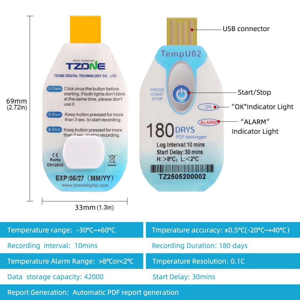 USB-регистратор температуры данных Одноразовый Запись температуры Емкость 18000 данных Логгер для морозильной камеры 60/90/120/180 дней Для хранения в холодовой цепи