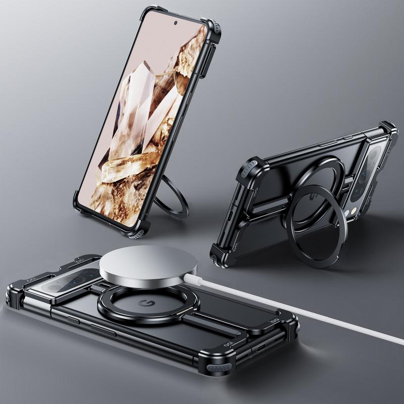 Aluminium Alloy Frameless Phone Case For Google Pixel 9 Pro XL 9 Pro 8 Pro Wireless Charge Magnetic Ring Stand Shockproof Cover