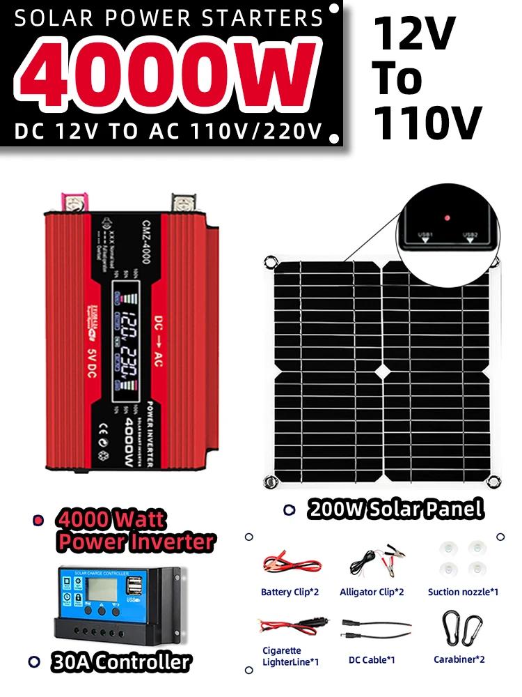Soalr Kit Power Generation Combo 4000w Inverter 200w Solar Panel 220v Full Set for House 30a Controller 12v-220v110v Camping