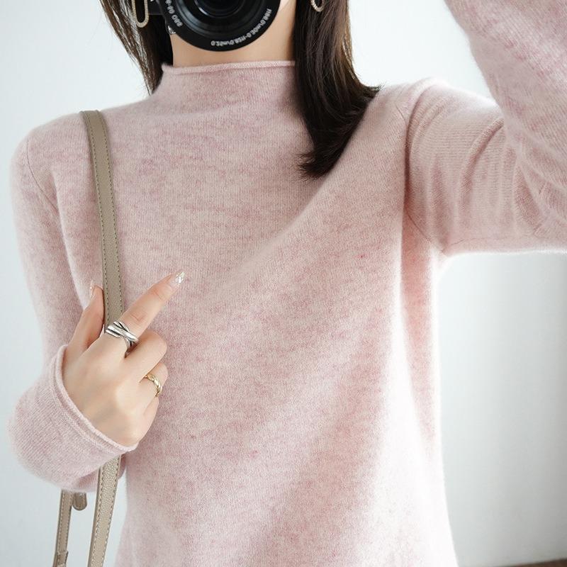 Осенне-зимний женский свитер из чистой шерсти, пуловер с полувысоким закругленным краем, свитер с длинными рукавами, тонкий трикотаж