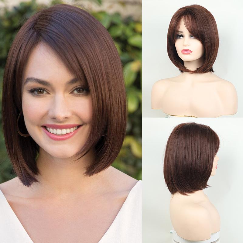 Short Blond Brown Synthetic Bob Wig with Bangs Natural Looking Heat Resistant Wig for Women Daily Party Halloween