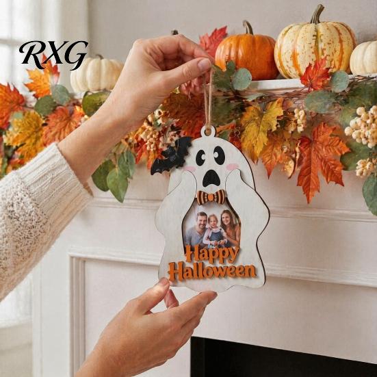 Solid Wood Photo Ornament Halloween Cute Ghost Wooden Frame with Hanging Rope, Creative Family Display Picture for Holiday Party Decor And Home